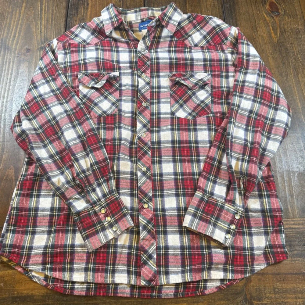 Wrangler Mens XL Red Plaid Flannel Western Pearl Snap Shirt Long Sleeve Vintage